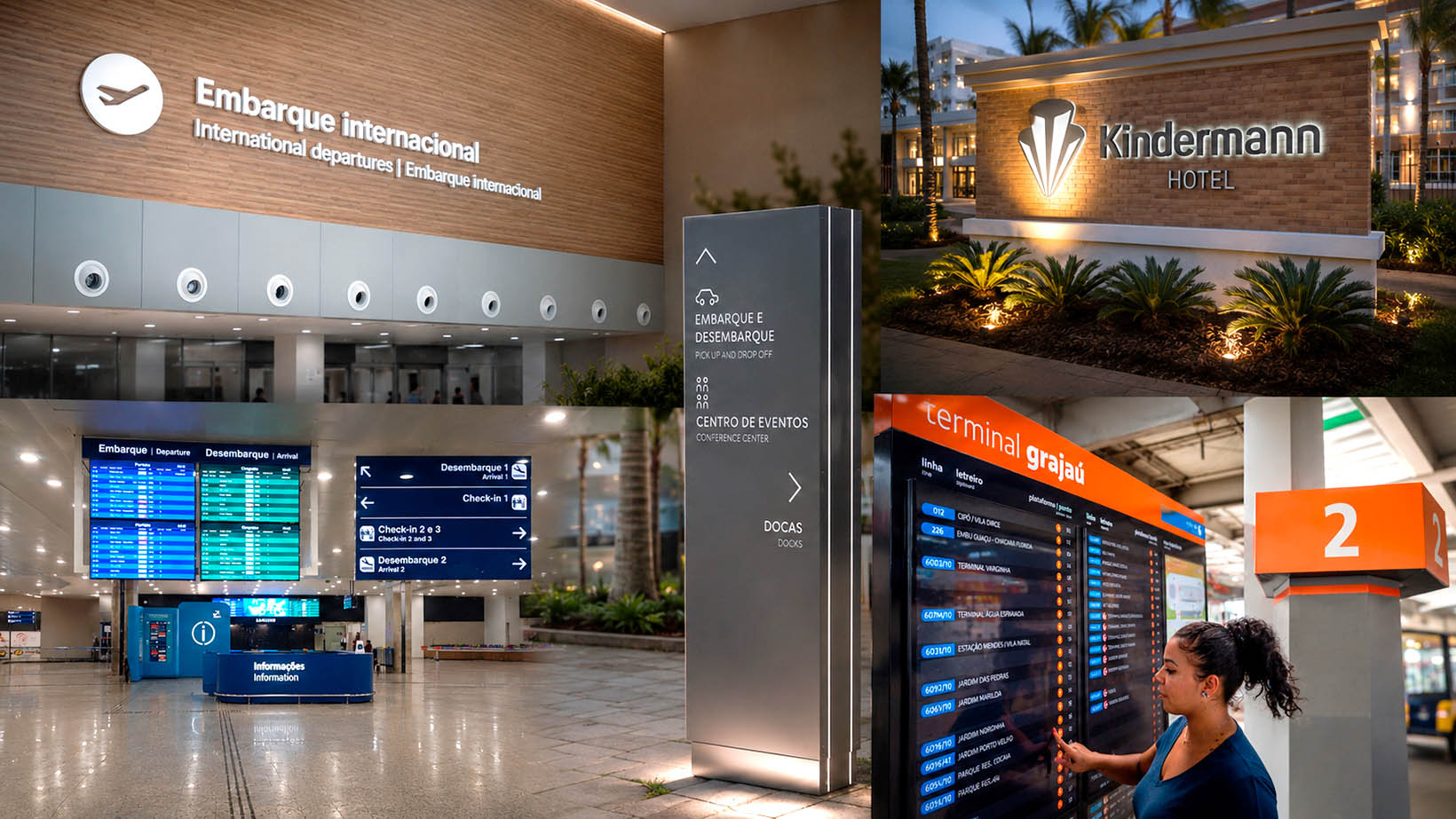 sophisticated corporate plaza with monumental wayfinding totems, modern business district, premium outdoor signage, architectural photography, dramatic evening lighting, high-end execution, photorealistic, 8k